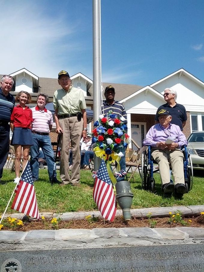 This was our Memorial Day Service this past May 30th, 2016 taking place just behind our RHCC Veterans Memorial Wall in front of our almost 100 year old Red Hill School Building.  We had two of our greatest generations veterans, Herschel Johnston standing next to the flag pole in the green shirt and Arvel Griffith seated in the wheel chair that we were able to honor.
