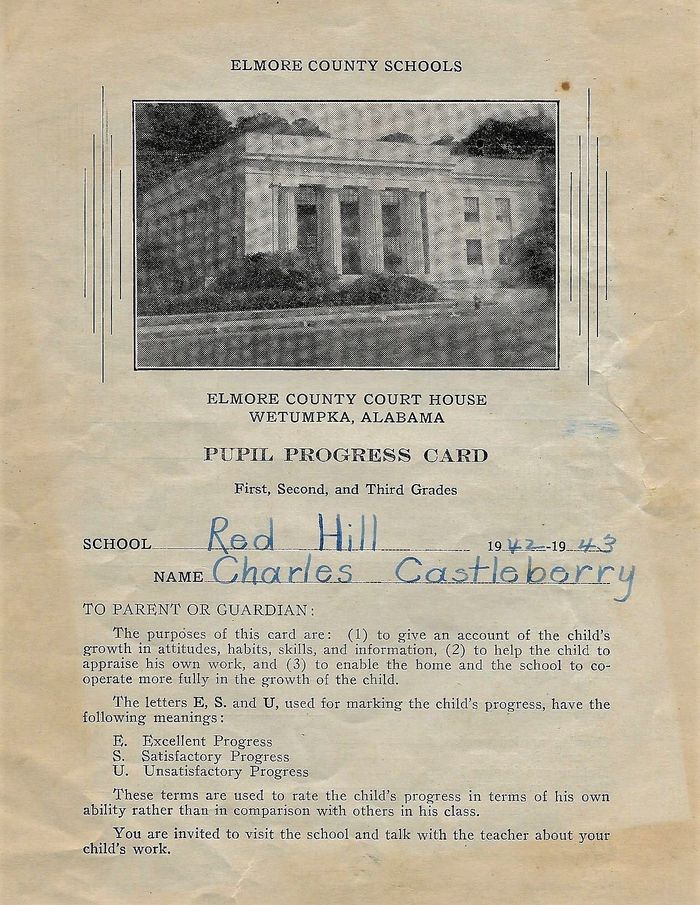 Red Hill School report card of Charles Castleberry for the 1942-1943 year.  Mrs. V. C. Payne was his teacher
